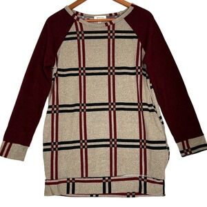 Hailey & Co Brown Red Plaid Sweater w/Pockets Elbow Patch Women M  NWOT‎ w/flaw